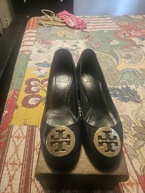 Tory Burch Black Leather Logo Pumps with Gold Medallions